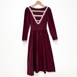 Vintage Gunne Sax Maroon Burgundy Long Sleeve Dress Size 5 XS Cotton